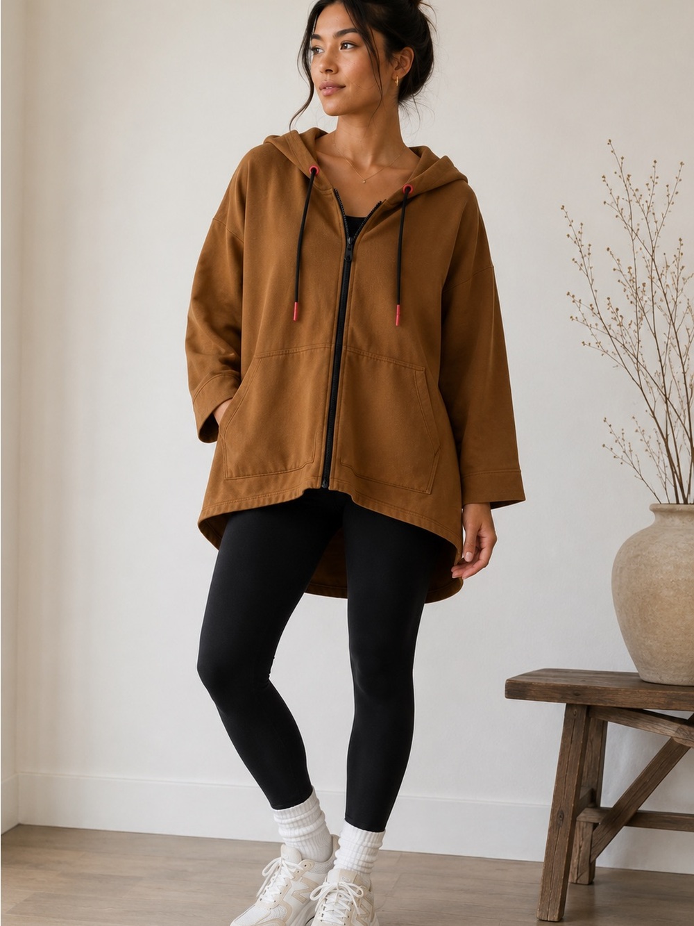 Ruti Oversized Zip Hoodie Jacket Camel Brown Hi-Low Hem XS/S